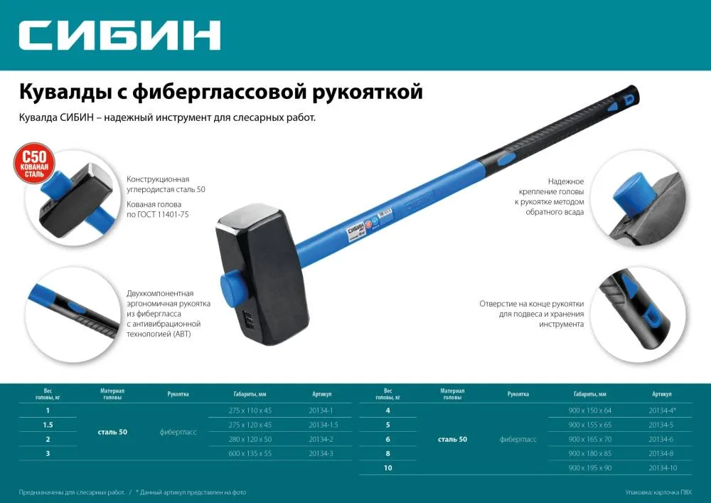 Кувалда 1000г фибергл. ручка СИБИН 20134-1