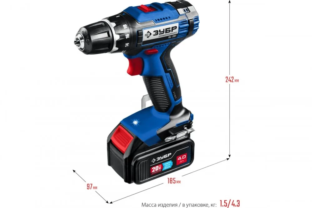 Дрель аккумуляторная ЗУБР DL-201-42 (Li-Ion, 20В, 2*4Ач, кейс)