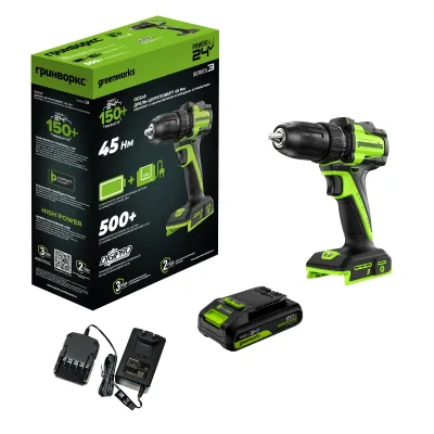Дрель-шуруповерт аккум. Greenworks DD345 (24V, б/щет, 27/45 Нм,13мм,1х2Ач,ЗУ,кор) 3708307CUA
