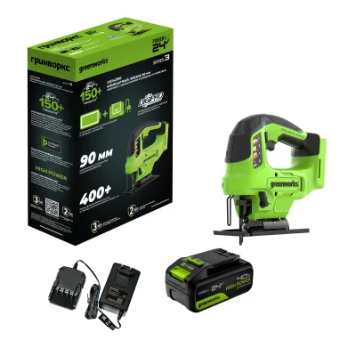 Лобзик аккум. Greenworks GD24JS90 (24V, 90мм, 0-3000/мин, 4 ст.маятник, LED,1х4Ач,ЗУ,кор) 3601707CUB