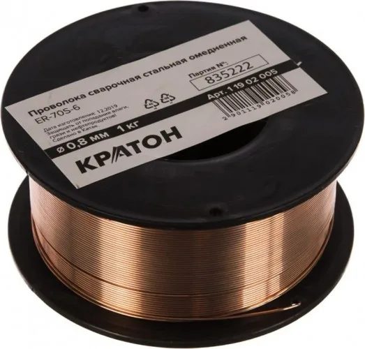 Проволока сварочная стальная омедненная Кратон 0,6 мм, 1 кг 1 19 02 004
