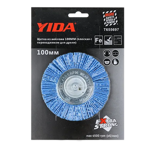 Щетка из нейлона 100мм (плоская с переходником для дрели) YIDA