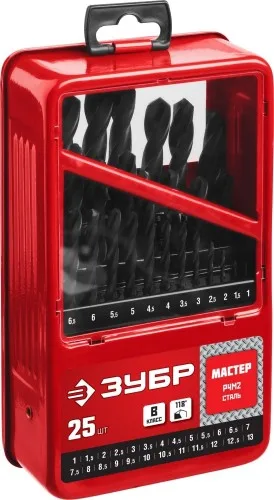 Набор сверл по металлу 1-13мм сталь Р4М2 ГОСТ 10902-77 (25шт) Зубр МАСТЕР 29605-H25