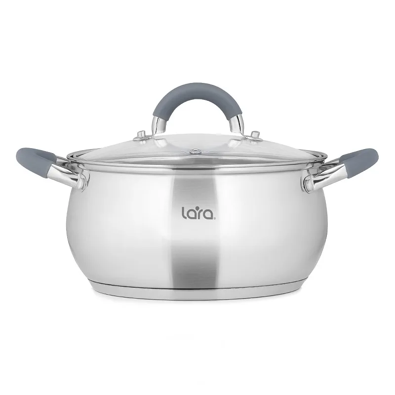 Кастрюля LARA (нерж) серия BELL 24*13,5см, 6,1л, капс. инд дно, силик. ручка, стекл. крышка LR02-484