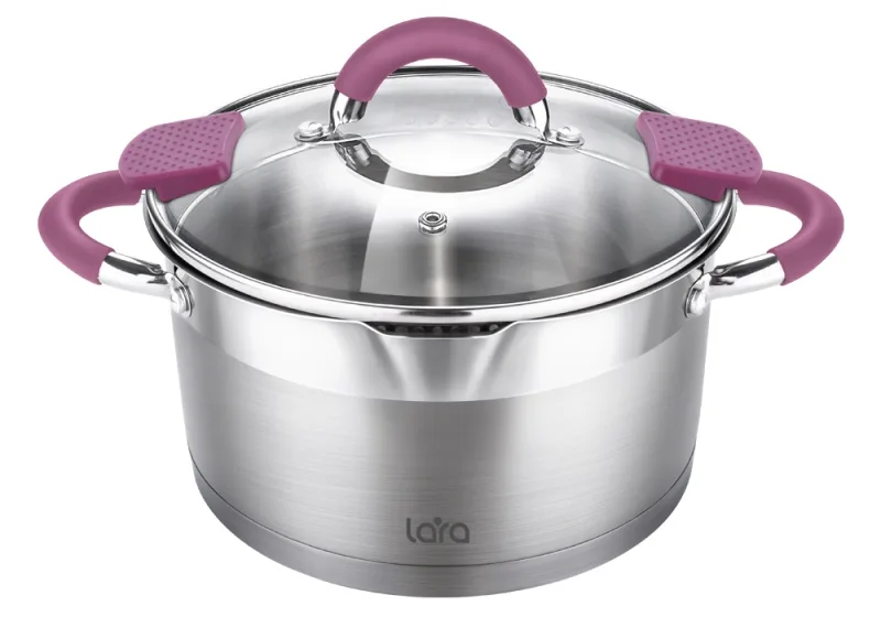Кастрюля LARA (нерж) LR02-315 VIVA 26*14см 7.2л, носик, индукционное дно, крышка с бортом
