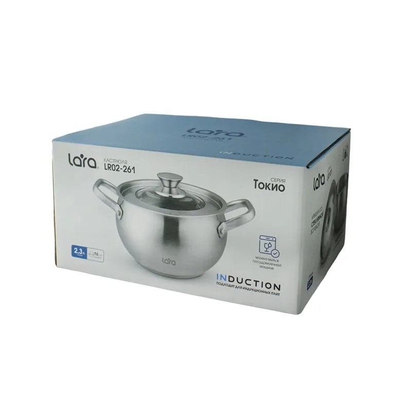 Кастрюля LARA (нерж) LR02-261 ТОКИО 16*10,5см 2.3л, индукц капсул дно, крышка со стекл вставкой