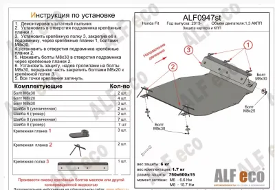 ALF0947st Защита картера и КПП Honda Fit (2013-2020) V-1.3AT  FWD/(2019-) V-1.3,1.5FWD/Honda Shuttle 2015-2022 V-1,5 4WD/(2016-2024) (сталь 2мм) Альфеко