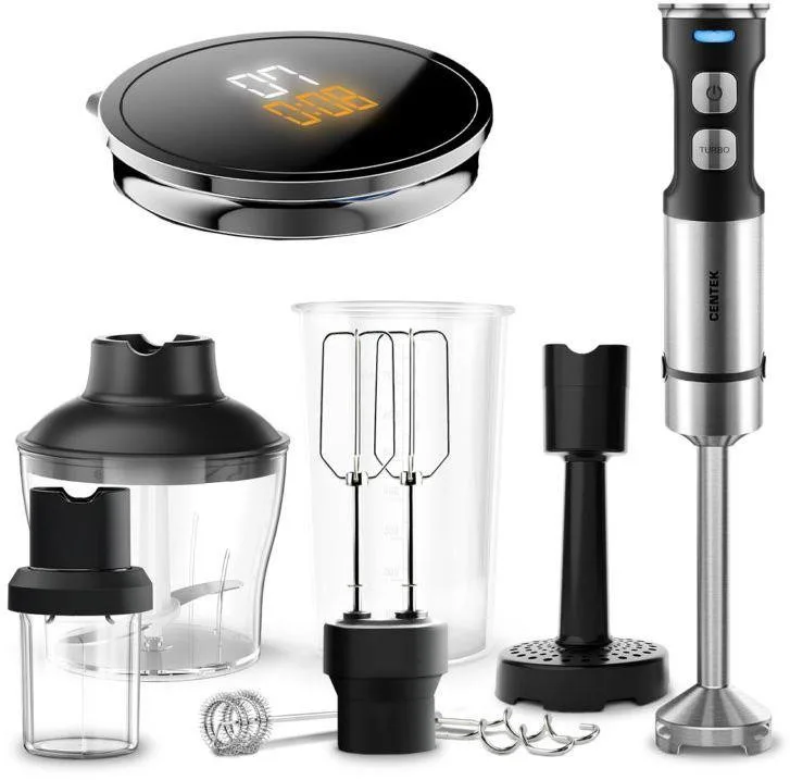 Блендер Centek CT-1367 (сталь) 1500Вт, 8в1, блендер/венчик/чоппер/кофе, ДИСПЛЕЙ 650мл стакан 800мл