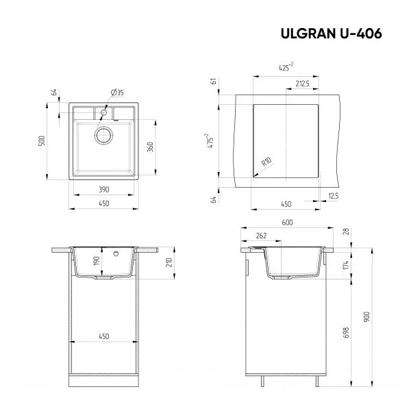 Мойка Ulgran U-406-309 квадратная, 450*500мм, темно-серая