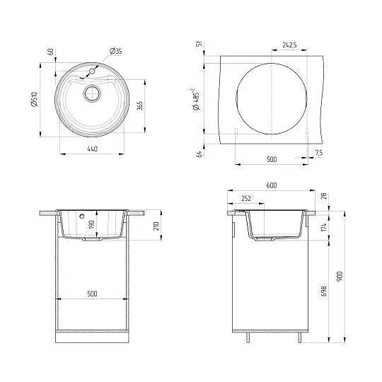 Мойка Ulgran U-601-328 круглая, Ø510*210мм, бежевый