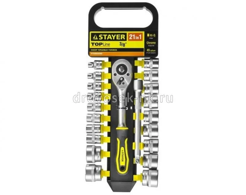 Набор торцевых головок 3/8'' 6-24мм +трещотка (21предм) STAYER 27752-H21