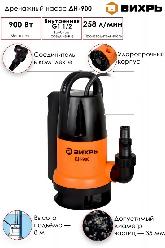 Насос дренажный Вихрь ДН-900 (пласт 900Вт ) 68/2/3