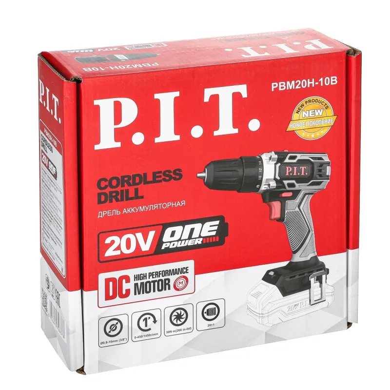 Дрель аккумуляторная P.I.T. PBM20H-10B SOLO (20В,30Нм,патрон 10 мм, 2ск,коробка)
