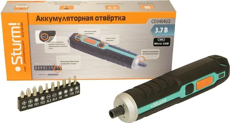 Отвертка аккумуляторная Sturm! CD3404U2 (3,7В, набор бит, micro USB, без ЗУ)