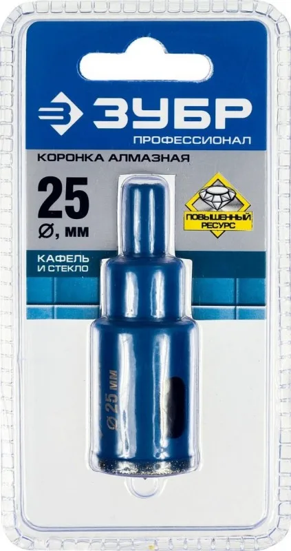 Коронка алмазная по кафелю и стеклу, d=25 мм, зерно Р60 ЗУБР Профессионал 29850-25