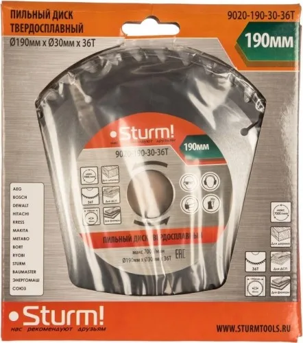 Диск пильный 190*30мм*36Т напайки ТСТ Sturm! 9020-190-30-36T