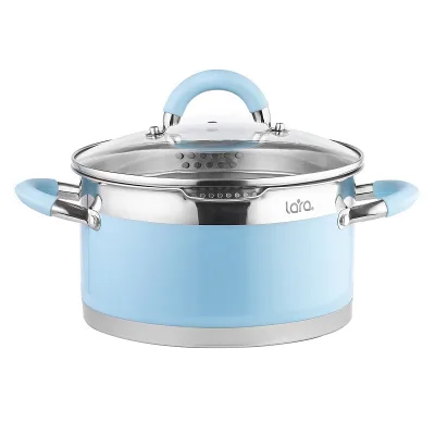 Кастрюля LARA (нерж) серия SKY BLUE 10*18см, 2.4л стал.ручки, капсул индук дно, слив крышка LR02-441