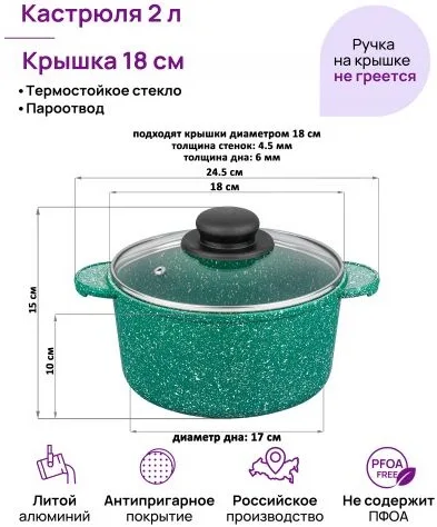 Кастрюля 2 л ГАРМОНИЯ ВКУСА "Изумруд" с крышкой ф18 120928