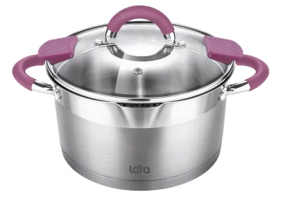 Кастрюля LARA (нерж) LR02-315 VIVA 26*14см 7.2л, носик, индукционное дно, крышка с бортом