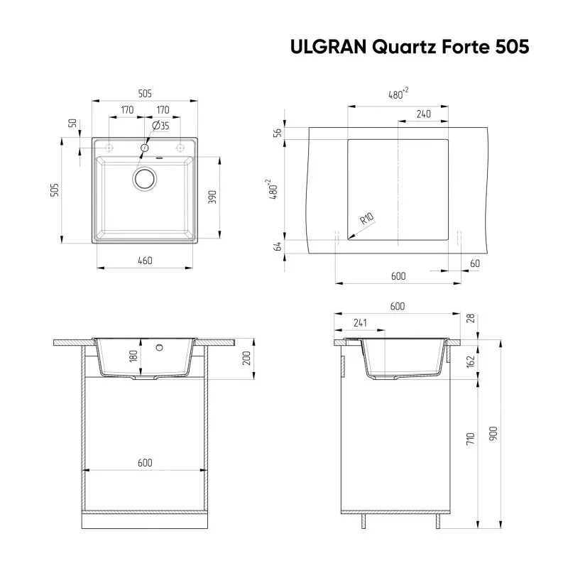 Мойка ULGRAN Quartz Forte 505-05 505*505 мм квадрат серый