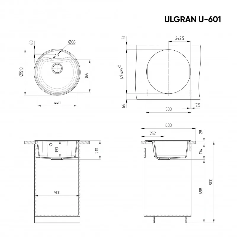 Мойка Ulgran U-601-308 круглая, Ø510*210мм, черный
