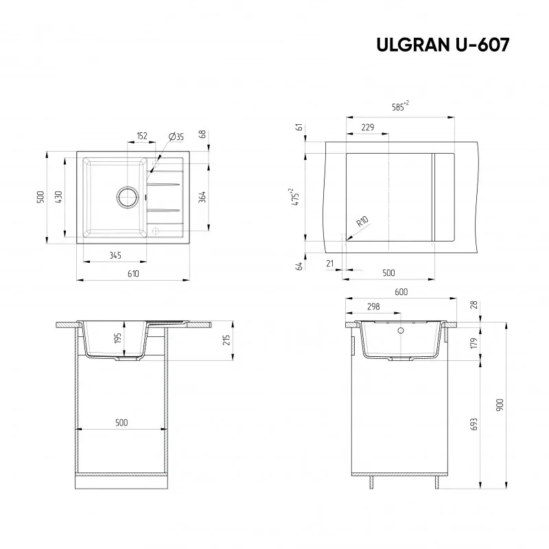 Мойка Ulgran U-607-308 прямоугольная, реверсивная черный