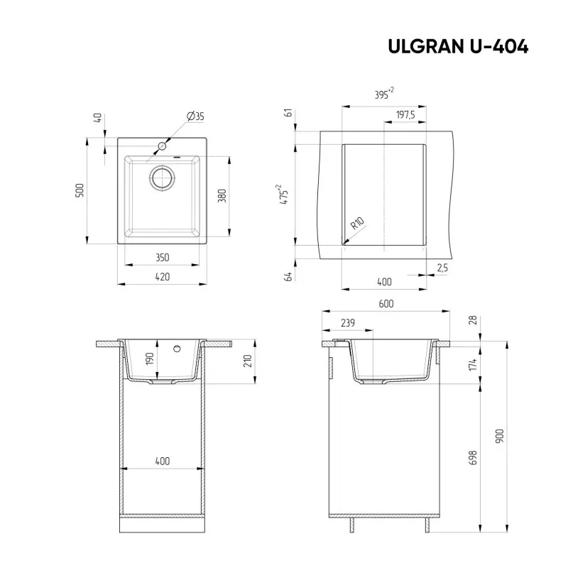 Мойка Ulgran U-400-309 прямоугольная, 750*495мм темно-серая