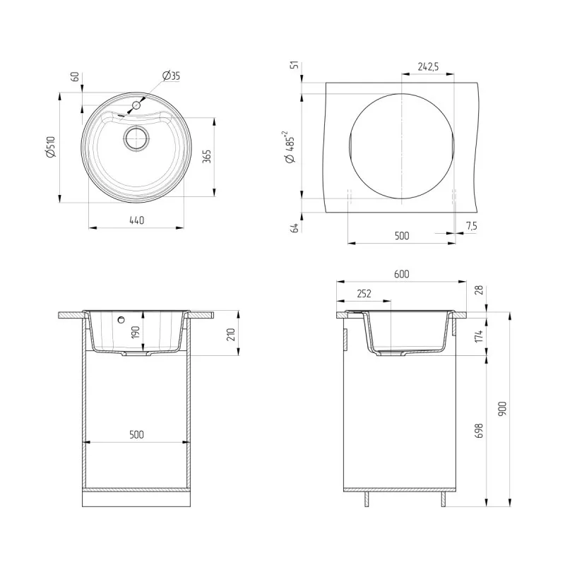 Мойка Ulgran U-601-309 круглая, Ø510*210мм, серая