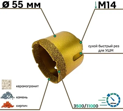 коронка алмазная универсальная сухой рез для УШМ 55мм*M14 SEB 103AK-55M14