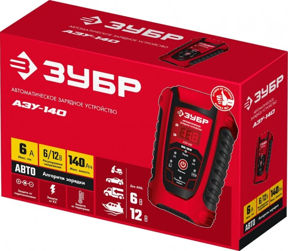 Зарядное устройство автоматическое АЗУ-140 ЗУБР 6/12 В, 6А 59310