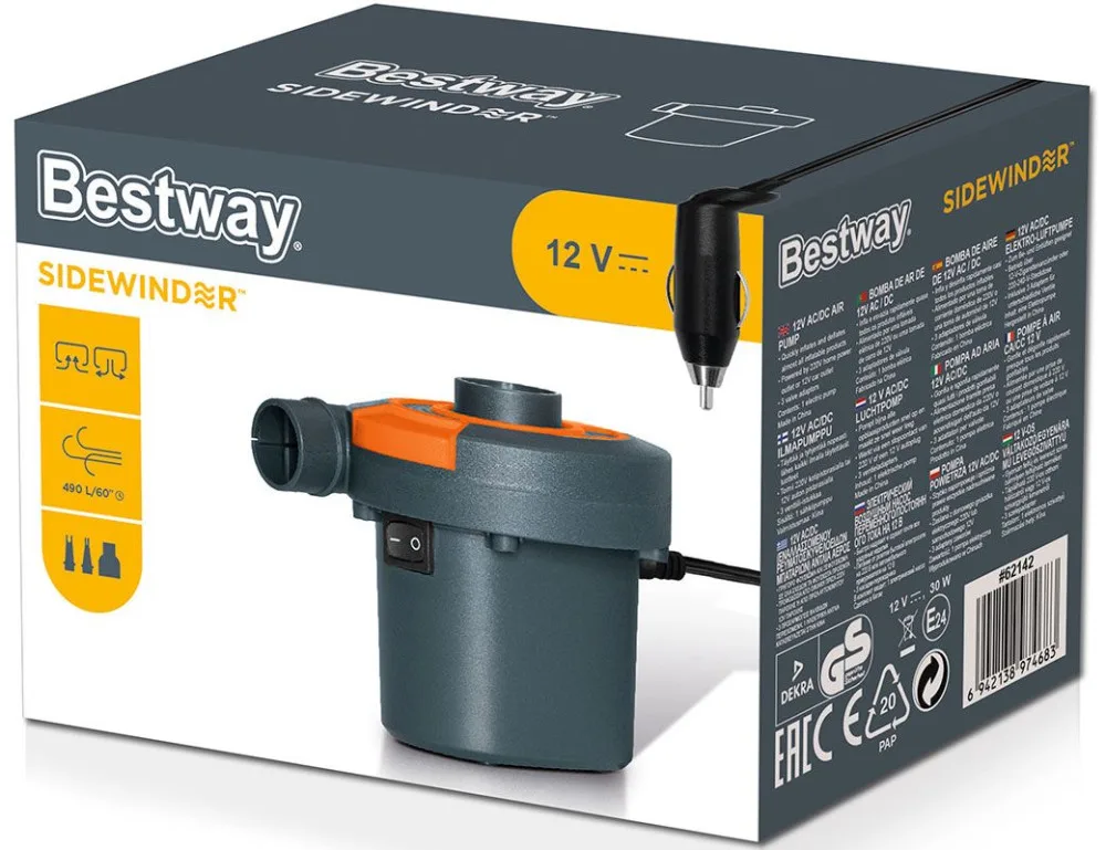 Воздушный электронасос 12В/220В 30Вт 490 л/мин 3 насадки BestWay