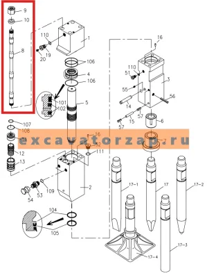 Шпилька стяжная в сборе DF05B-0080+DF05B-0090+DF05B-0100 гидромолота Delta F-5, аналог, Корея, OK TECH