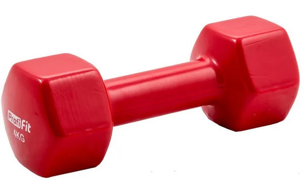 Гантель в виниловой оболочке, шестигранник PROFI-FIT 4 кг, красная