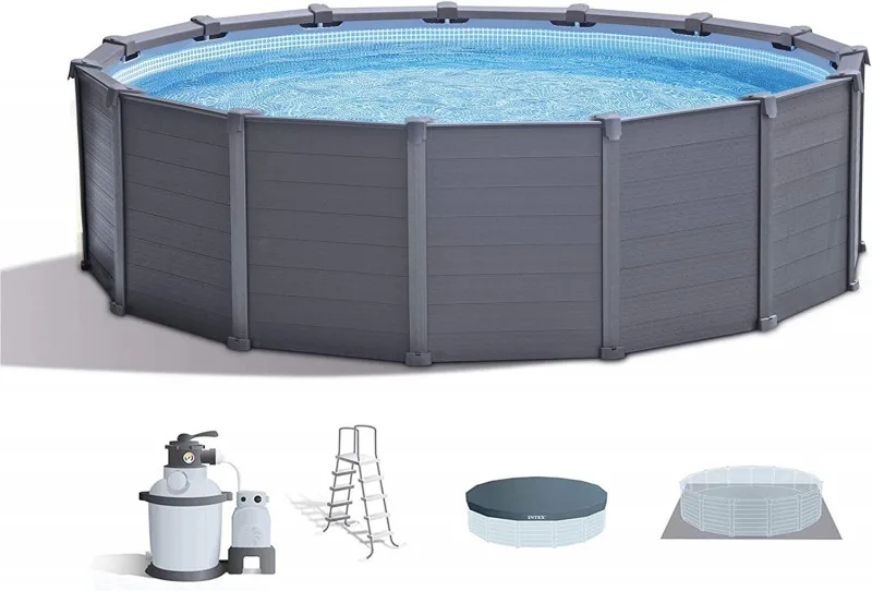 Каркасный бассейн 478х124см Intex "Graphite Gray Panel" 16805л, песч.фил.-нас. 4500л\ч, лестн, тент, подстилка (26384)