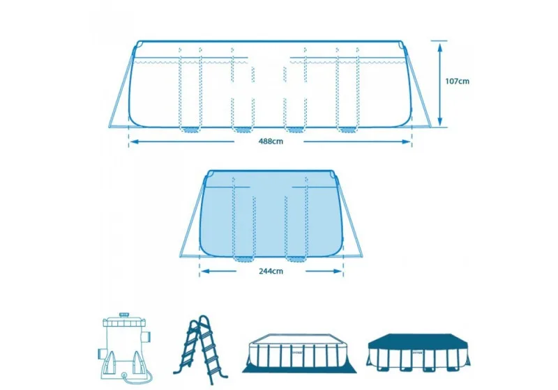 Каркасный бассейн Intex Prism Frame 488х244х107см, 10874л, фил.-насос 3785л\ч, лестница, тент, подстилка (26792)