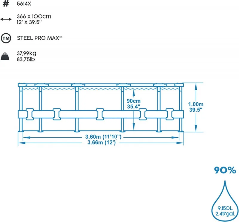Каркасный бассейн Bestway Steel Pro Max 366х100см, 9150л, фил.-насос 2006л/ч, лестница (5614X BW)