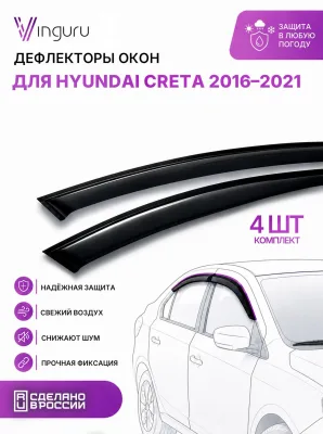 Дефлекторы окон Vinguru HYUNDAI Creta 2016-2021 /накладные/скотч/к-т 4 шт./литьевой поликарбонат / Хендай Крета