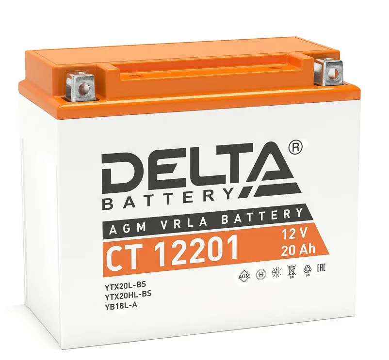 Аккумулятор для мототехники DELTA CT 12201 20Ач обр. пол. 177x87x154 (YTX20L-BS, YTX20HL-BS, YB16L-B, YB18L-A)