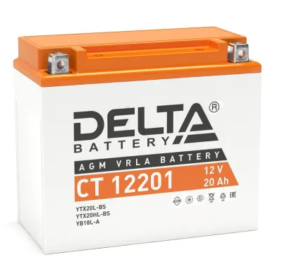 Аккумулятор для мототехники DELTA CT 12201 20Ач обр. пол. 177x87x154 (YTX20L-BS, YTX20HL-BS, YB16L-B, YB18L-A)