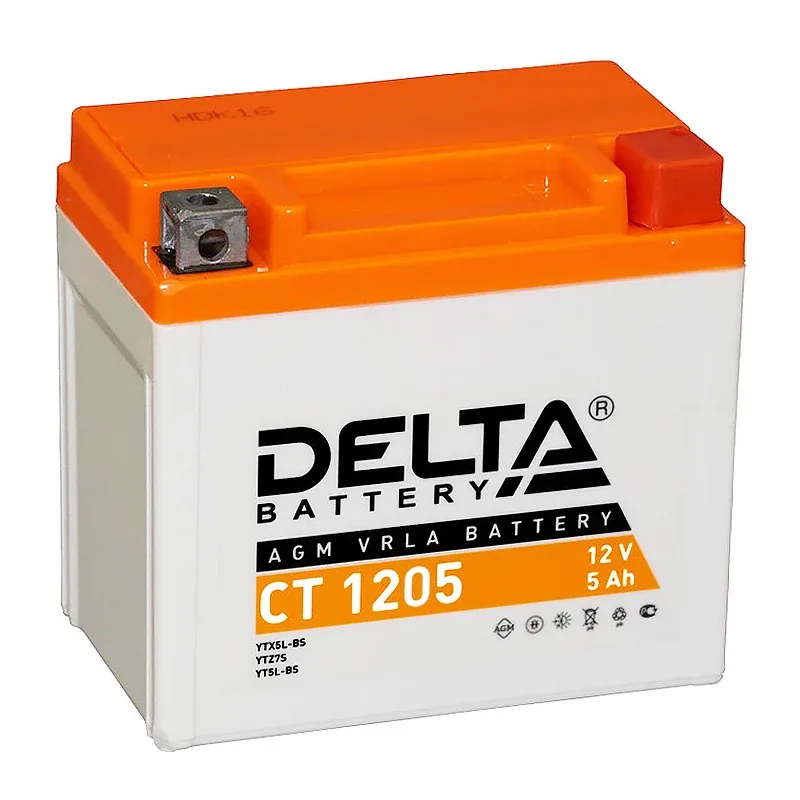Аккумулятор для мототехники DELTA CT 1205 5Ач 80A обр. пол. 114x70x106 (YTX5L-BS, YTZ7S)