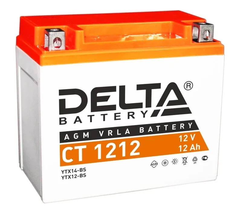 Аккумулятор для мототехники DELTA CT 1212 12Ач 180A прям. пол. 150x86x131 (YB12B-B2, YTX14-BS, YTX12-BS)