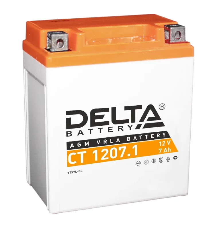 Аккумулятор для мототехники DELTA CT 1207.1 7Ач 100A обр. пол. 114x70x132 (YTX7L-BS)