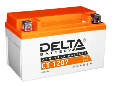 Аккумулятор для мототехники DELTA CT 1207 7Ач 105A прям. пол. 150x86x94 (YTX7A-BS)