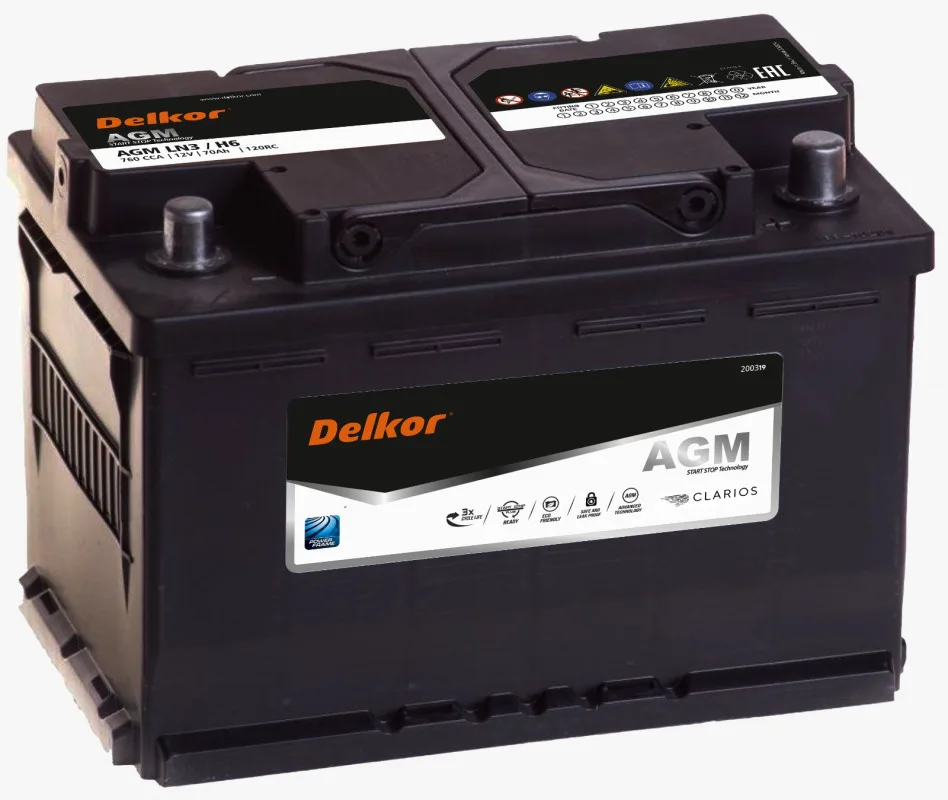Аккумулятор DELKOR AGM 70 Ач обр. пол. 760А 278x175x190