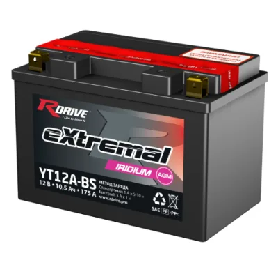 Аккумулятор для мототехники RDRIVE IRIDIUM EXTREMAL YT12A-BS 10.5 Ач 175 А прям. пол. 150x87x104 (YTZ12S, YTZ14S, ETX9-BS, YT12A-BS)