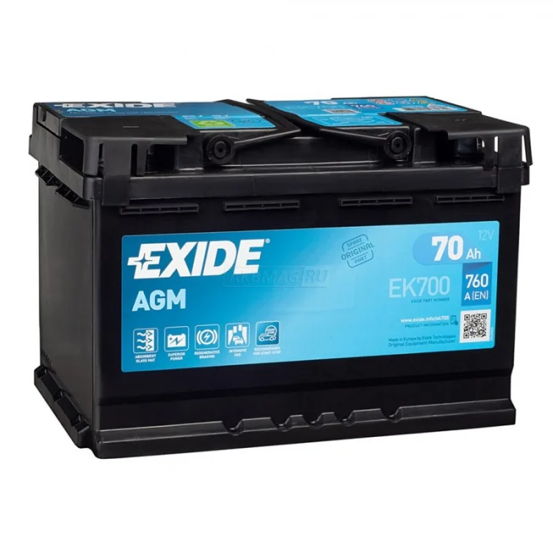 Аккумулятор EXIDE Start-Stop AGM 70 Ач обр. пол. 760А 278x175x190 (EK700) Poland
