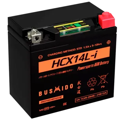 Аккумулятор для мототехники BUSHIDO AGM HCX14L-i 15,5Ач 230A обр. пол. 150x86x145 (YTX14L-BS)