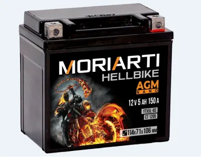 Аккумулятор для мототехники Moriarti HELL BIKE AGM 5Ач 150А обр. пол. 114х71х106 (YTX5L-BS, СТ 1205)