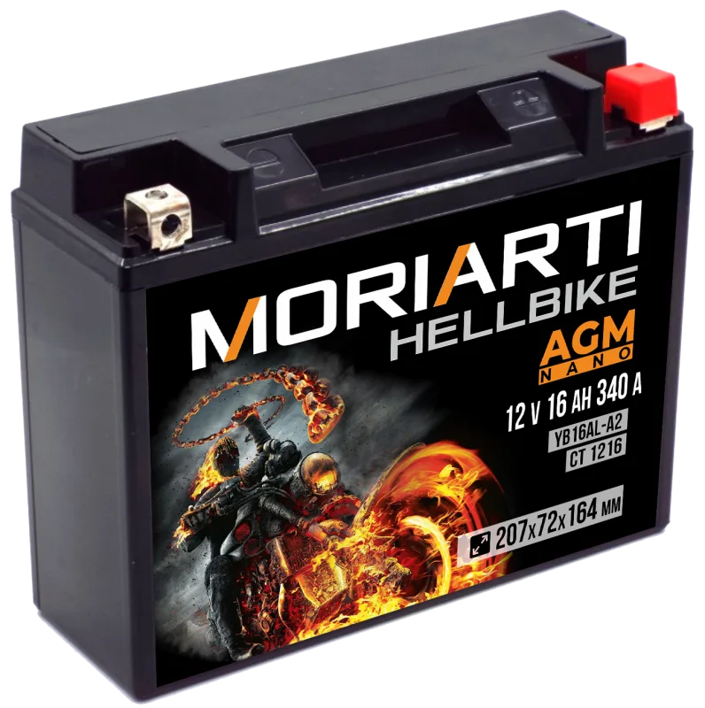 Аккумулятор для мототехники Moriarti HELL BIKE AGM 16Ач 340А обр. пол. 207х72х164 (YB16AL-A2, СТ 1216)