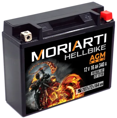 Аккумулятор для мототехники Moriarti HELL BIKE AGM 16Ач 340А обр. пол. 207х72х164 (YB16AL-A2, СТ 1216)